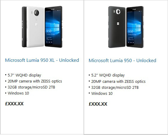 Lumia 950 and Lumia 950 XL lisiting