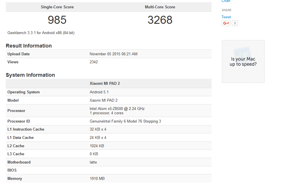 Xiaomi Mi Pad 2 Geekbench