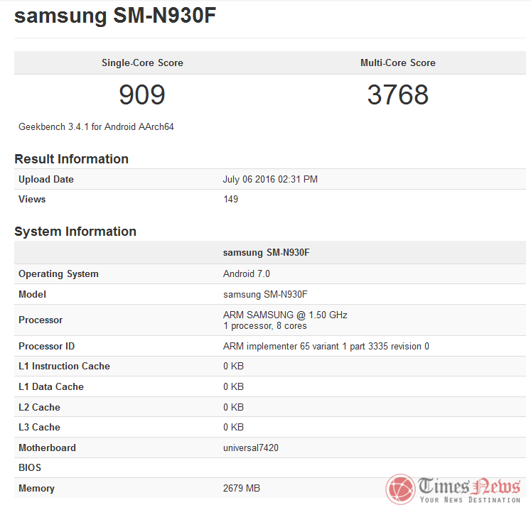 Samsung Galaxy Note 7 SM-N930F GeekBench