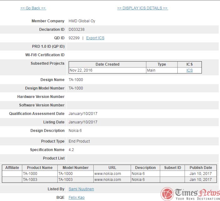 Nokia TA-1003 WiFi approval