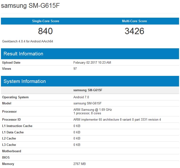 Samsung SM-G615F Geekbench